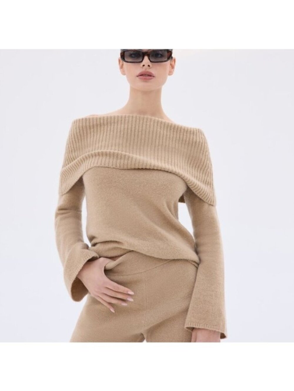 Cult Gaia Moriah Knit Wool Alpaca Ribbed Off the Shoulder Tan Camel Sweater